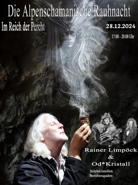 Mystisches Bild als Plakat mit weißhaarigen Mann der räuchert und im Rauch eine Naturgöttin erscheint, nebendran ein mystisch anmutendes Musikerpaar