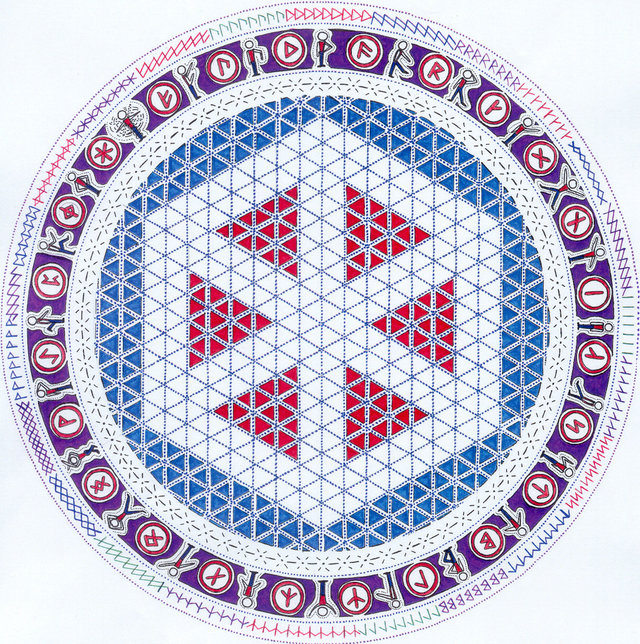 Runen~Mandala mit Hagaldom und den Grundrunen im Kreis drum herum 