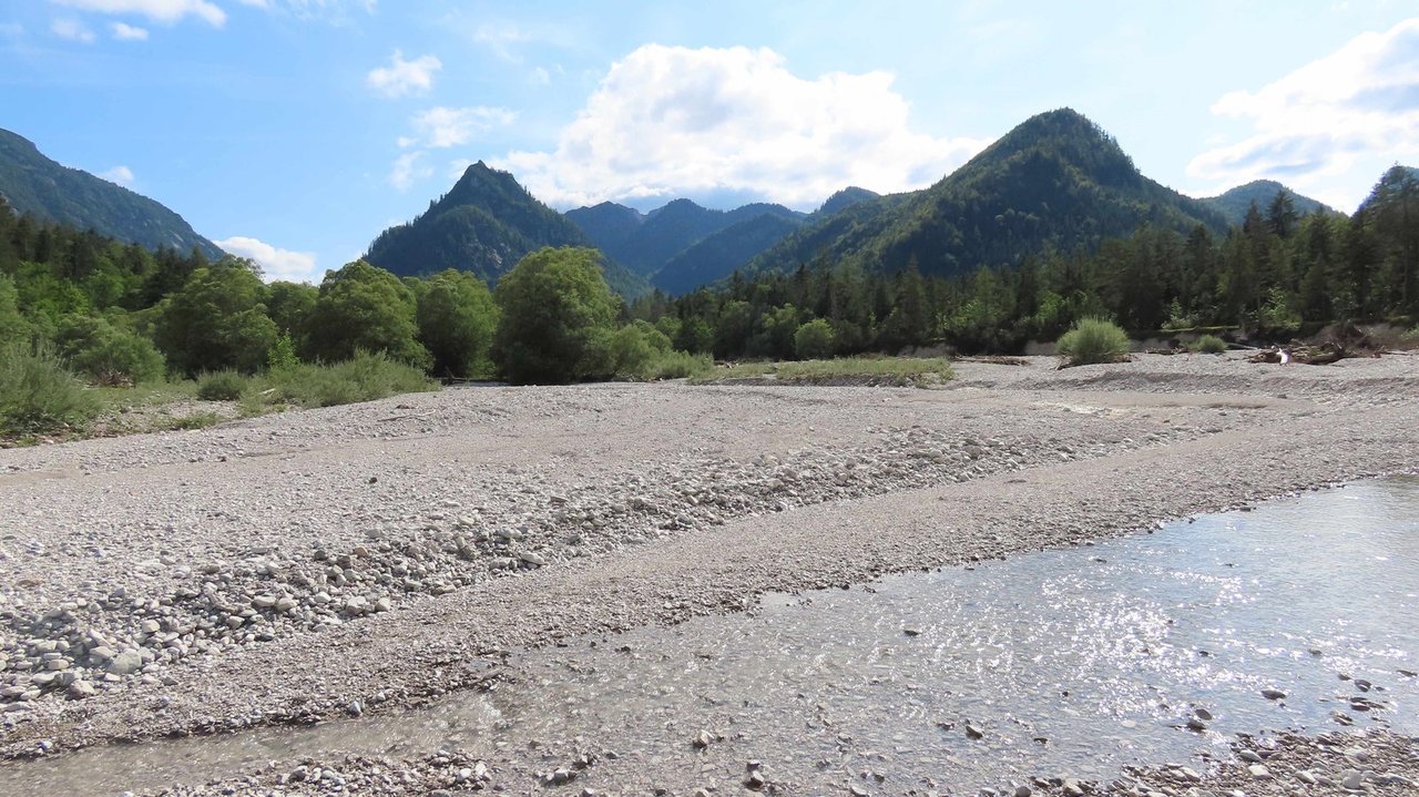 Breites Bachbett und Berg