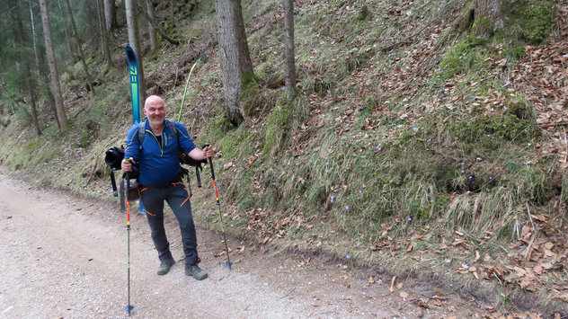 Mangels Schnee trägt ein Skibergsteiger seine Skier am Rucksack 