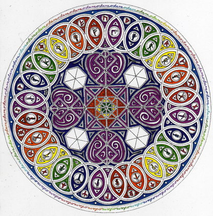 Vierfältiges Mandala mit Herzen und Ringen und Runenstellungen